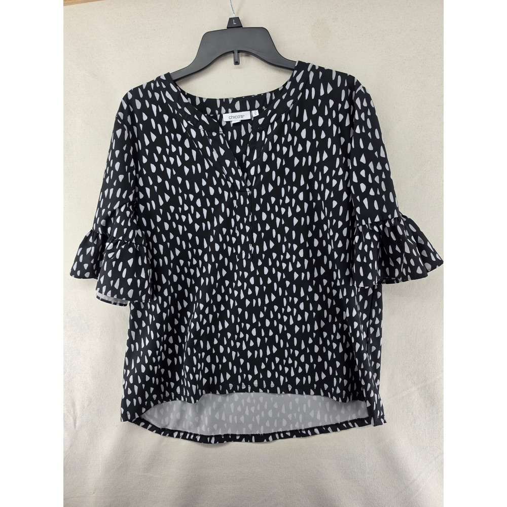 Chicos Black White Abstract Print Ruffle Sleeve V-Neck Blouse Size 3 US 16
